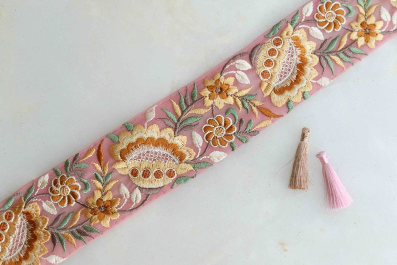 Pink Yellow Floral Embroidered Trim,Pink Net Floral Border,Yellow Pink Net Lace,Indian Fabric Trim, Floral Saree Border, インド刺繍リボン, Price/mt image 1