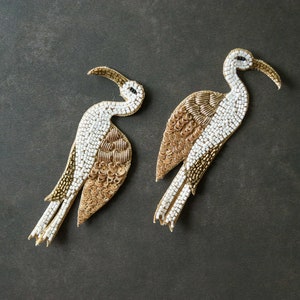 White Gold Stork embroidered patch, Handmade Bird sequin applique, Golden Indian bird zari patch, Sew on applique, Boho DIY Shoe Charm