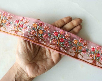 Pink Floral Embroidered Net Trim,Indian Fabric Net Embroidered Border,Floral Bouquet Lace,Peach Fuzz Floral Saree Border,Price/mtr, インド刺繍リボン