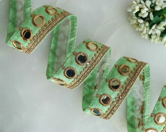 Green Gold Mirror Sequin Trim,Indian Embroidered Border,Mint Green Mirror Lace,Green Saree Border,Price/mtr