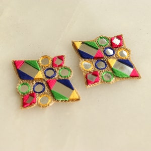 Multicolour Kutchi Mirror Embroidered Patch,Handmade Mirror Sequin Applique, Vibrant Boho Tribal Banjara Mirror Embroidery Patch,2 pcs