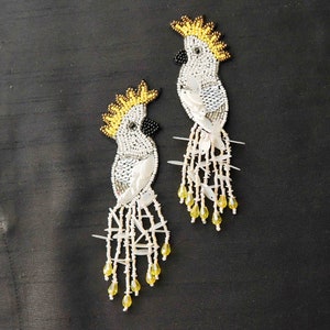 White Sequin Beaded Bird Patch, Handmade Embroidered Hoopoe applique, Exotic bird patch, Costume Denim Patch, DIY Shoe Charm Sew on Applique