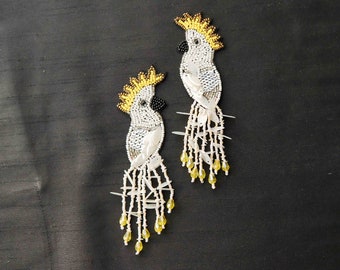 Handmade White Beaded Sequin Bird Patch, Embroidered Exotic Hoopoe Applique