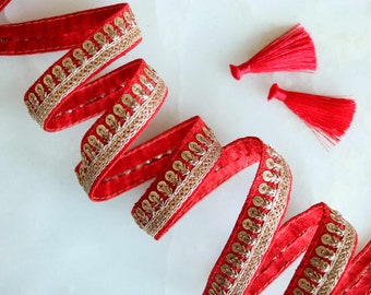 Red Gold Thin Sequin Trim,Embroidered Indian Border,Red Gold Floral Lace,Red Saree Border,Price for 2 mtrs