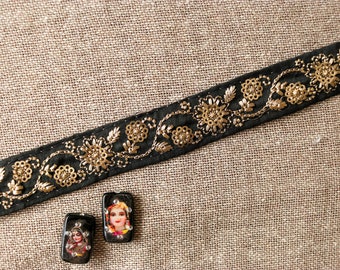 Black Gold Floral Embroidered Trim,Indian Floral Border,Black Sequin Lace,Black Bridal Trim,Fabric Trim,Saree Border,Price/mtr