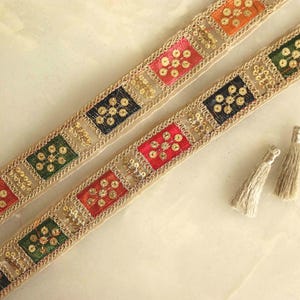 Boho Pastel Patchwork Embroidered Trim: Gold Zari Sequin Indian Fabric Tissue Saree Border