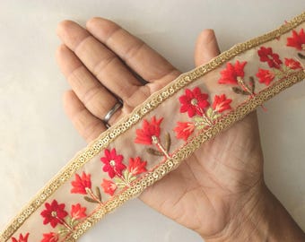 Borde bordado floral rojo naranja, encaje de red, borde saree de tela india, インド刺繍リボン