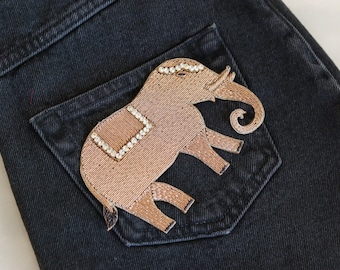 Golden Elephant Handmade Embroidered Patch: Regal Animal DIY Applique Embellishment