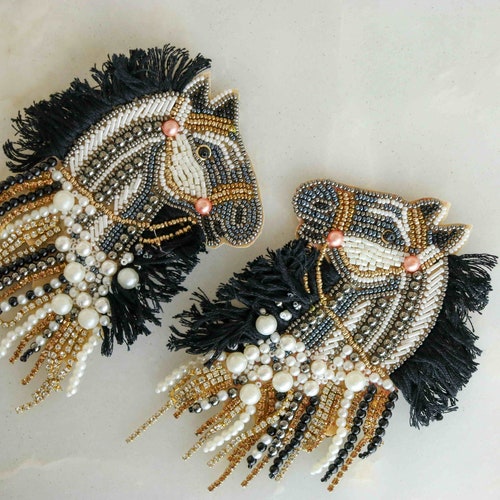 Black & White Beaded Horse Patch: Handmade Embroidered Applique, Boho Animal Patch