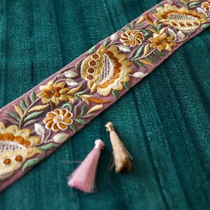 Pink Yellow Floral Embroidered Trim,Pink Net Floral Border,Yellow Pink Net Lace,Indian Fabric Trim, Floral Saree Border, インド刺繍リボン, Price/mt image 7