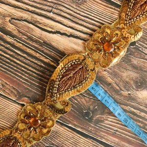 Vintage Gold Paisley Embroidered Trim,Handmade Indian Old Gold Cutwork Sequin Border,Antique Bridal Saree Border,Floral Trim,Price/mtr image 8