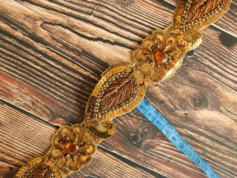 Vintage Gold Paisley Embroidered Trim,Handmade Indian Old Gold Cutwork Sequin Border,Antique Bridal Saree Border,Floral Trim,Price/mtr image 8