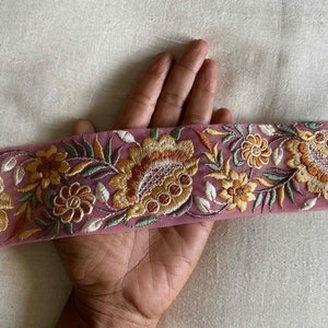 Pink Yellow Floral Embroidered Trim,Pink Net Floral Border,Yellow Pink Net Lace,Indian Fabric Trim, Floral Saree Border, インド刺繍リボン, Price/mt image 3