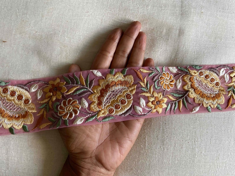 Pink Yellow Floral Embroidered Trim,Pink Net Floral Border,Yellow Pink Net Lace,Indian Fabric Trim, Floral Saree Border, インド刺繍リボン, Price/mt image 3