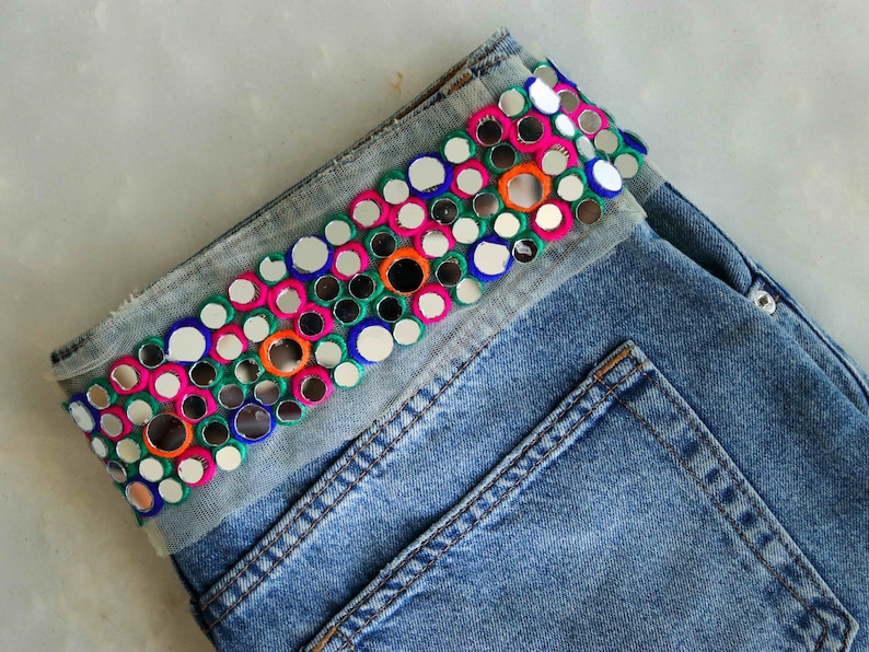 カラフルなミラー刺繍トリム、手作りマルチカラーレインボーミラーレース、インド生地サリーボーダー、インド刺繍リボン 画像 5