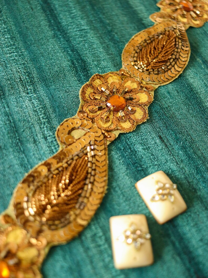 Vintage Gold Paisley Embroidered Trim,Handmade Indian Old Gold Cutwork Sequin Border,Antique Bridal Saree Border,Floral Trim,Price/mtr image 5