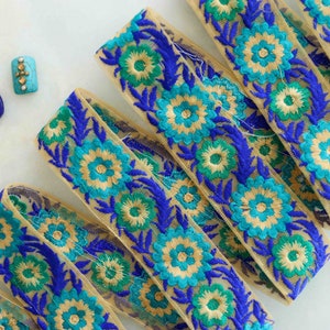 Blue Green Floral Embroidered Trim : Net Floral Lace, Indian Fabric Saree Border