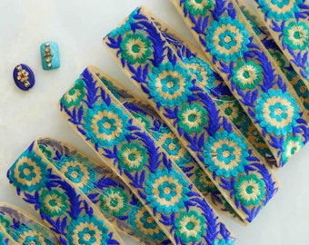 Blue Green Floral Embroidered Trim,Blue Floral Border,Blue Green Net Lace,Indian Fabric Trim,Floral Saree Border,Price/mtr