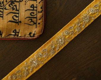 Yellow Gold Floral Embroidered Trim,Yellow Gold Floral Border,Indian Trim,Yellow Gold Sequin Lace,Bridal Trim,Indian Fabric Trim,1.5 mtr