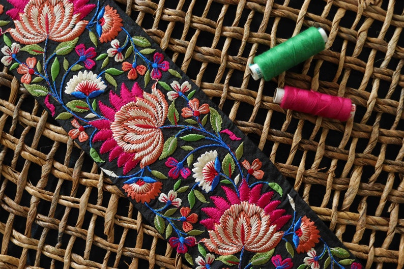 Black Pink Floral Embroidered Trim,Black Floral Lace,Indian Fabric Border,Parsi Embroidery Border,Black Saree Border,Pricemtr