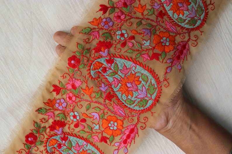 Beige Red Paisley Floral Trim,Teal Embroidered Net Border,Indian Kashmiri Beige Red Floral Lace,Broad Floral Saree Border,Price/mtr, OOAK image 3