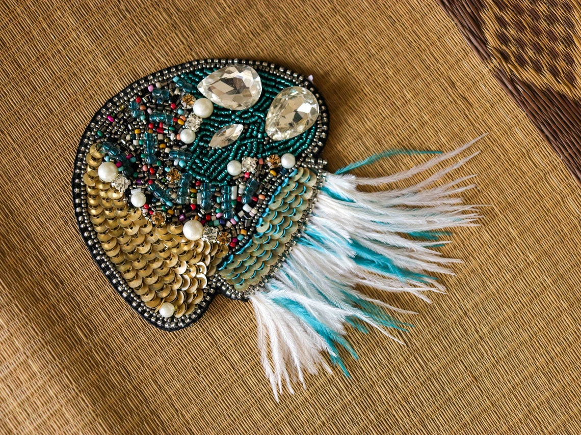 Blue Beaded Jellyfish Embroidered Patchhandmade Beaded Etsy