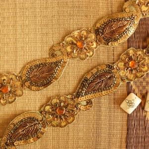 Vintage Gold Paisley Embroidered Trim,Handmade Indian Old Gold Cutwork Sequin Border,Antique Bridal Saree Border,Floral Trim,Price/mtr image 7