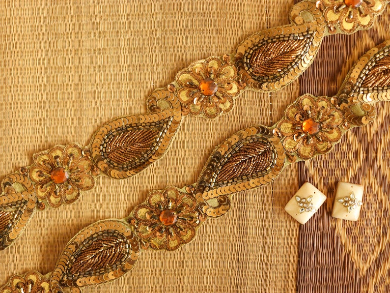 Vintage Gold Paisley Embroidered Trim,Handmade Indian Old Gold Cutwork Sequin Border,Antique Bridal Saree Border,Floral Trim,Price/mtr image 7