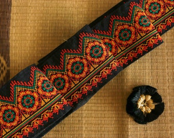 Black Orange Checks Embroidered Trim,Cross Stitch Embroidery,Temple Style Kashmiri Lace,Boho Rustic Trim,Indian Fabric Trim,Price/mtr