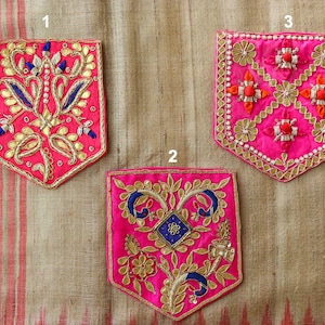 Pink Gold Embroidered Pocket Patch,Handmade Indian Pink Pocket Applique,Boho Kitschy Floral Bird Patch,DIY Denim Jacket Patch