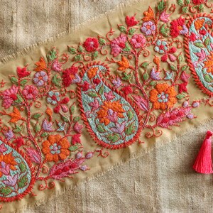 Beige Red Paisley Floral Trim,Teal Embroidered Net Border,Indian Kashmiri Beige Red Floral Lace,Broad Floral Saree Border,Price/mtr, OOAK image 4