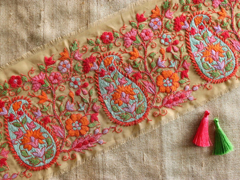 Beige Red Paisley Floral Trim,Teal Embroidered Net Border,Indian Kashmiri Beige Red Floral Lace,Broad Floral Saree Border,Price/mtr, OOAK image 4