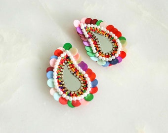 Multicolour Sequin Beaded Paisley Patch,Handmade Pastel Colour Sequin Mirror Applique, Boho Quirky Patch,DIY Patch