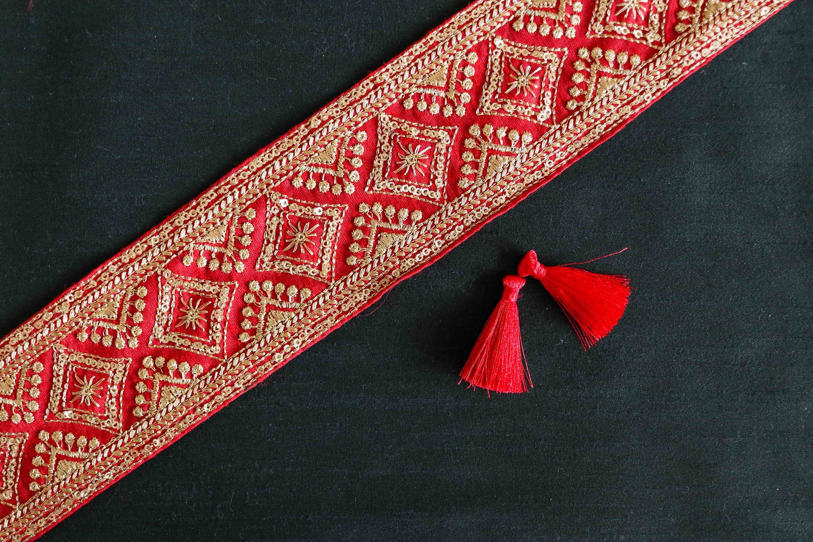 Red Gold Floral Embroidered TrimSquare Embroidered Floral Etsy