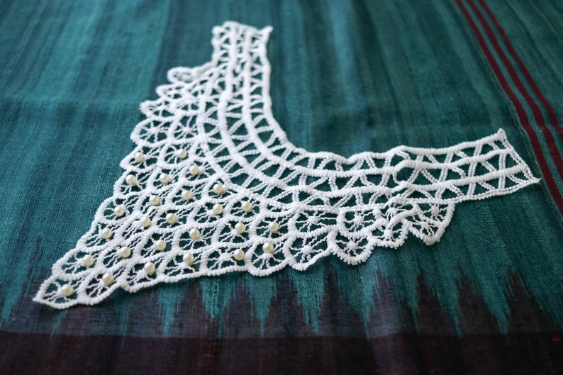 White Beaded Crochet Neckline Patch,Handmade Vintage Collar Patch,White Crochet Crafting DIY Neck Patch,Backline Applique