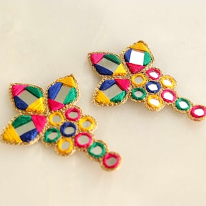 Multicolour Kutchi Mirror Embroidered Patch,Handmade Mirror Sequin Applique, Vibrant Boho Tribal Banjara Mirror Embroidery Patch,2 pcs