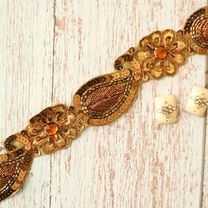 Vintage Gold Paisley Embroidered Trim,Handmade Indian Old Gold Cutwork Sequin Border,Antique Bridal Saree Border,Floral Trim,Price/mtr image 6