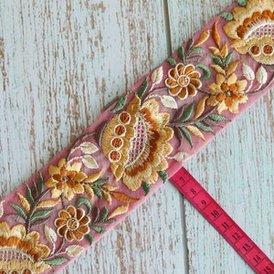 Pink Yellow Floral Embroidered Trim,Pink Net Floral Border,Yellow Pink Net Lace,Indian Fabric Trim, Floral Saree Border, インド刺繍リボン, Price/mt image 9