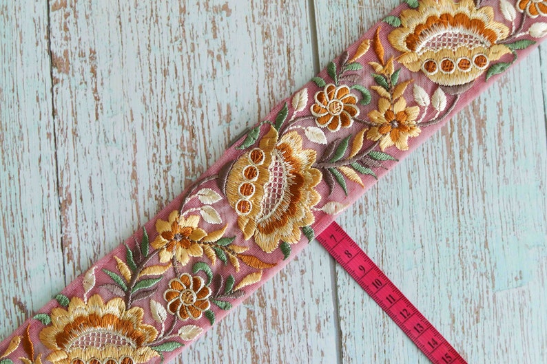 Pink Yellow Floral Embroidered Trim,Pink Net Floral Border,Yellow Pink Net Lace,Indian Fabric Trim, Floral Saree Border, インド刺繍リボン, Price/mt image 9