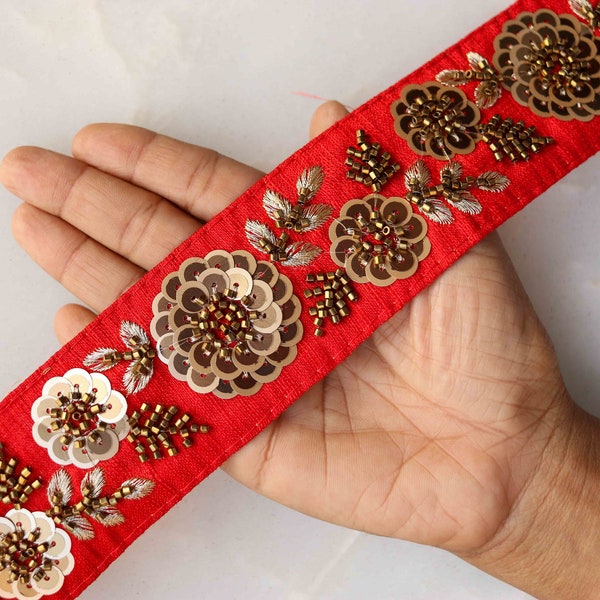 Red Gold Floral Embroidered Trim,Sequin Embroidered Floral Lace,Quirky Boho Trim,Red Gold Saree Border,Price/mtr