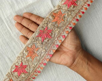 Orange Pink Floral Embroidered Trim,Orange Floral Organza Border,Floral Tissue Lace,Indian Trim,Floral Saree Border,Price/mtr