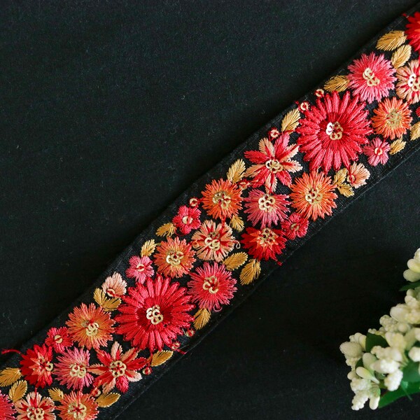 Black Pink Floral Embroidered Trim,Indian Fabric Embroidered Border,Black Pink Floral Lace,Black Saree Border,Price/mtr