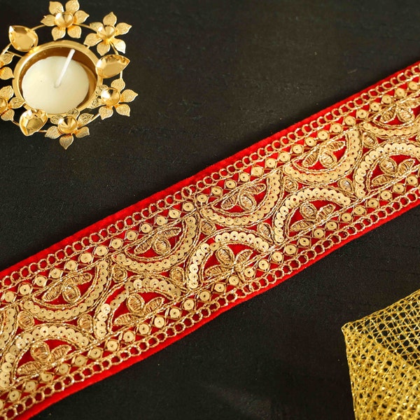 Red Gold Velvet Sequin Trim,Indian Embroidered Fabric Border,Red Gold Floral Sequin Lace,Red Saree Border,Price/mtr