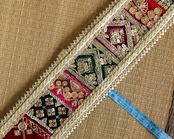 Boho Patchwork Embroidered Trim: Handmade Upcycled Indian Fabric