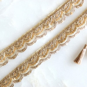 Gold Sequin Scallop Embroidered Trim, Beige Net Cutwork Lace, Indian Fabric Saree Border