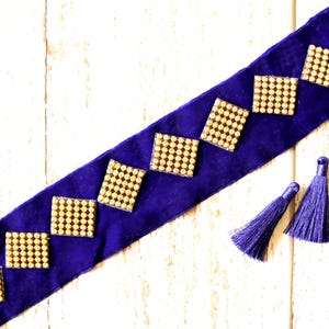Blue Velvet Geometric Diamante Trim: Vintage Indian Fabric Saree Border - Stone Patch Lace
