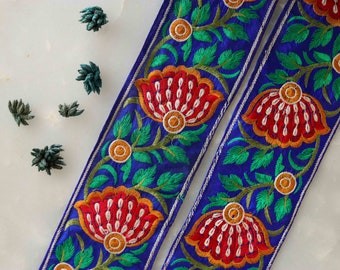 Blue Red Floral Embroidered Trim,Blue Floral Border,Blue Floral Lace,Indian Fabric Trim,Floral Saree Border,Price/mtr