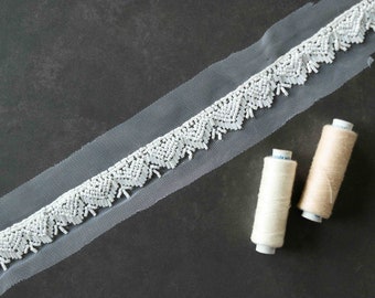 White Beaded Floral Handmade Trim,Floral Vine Bugle Bead Net Border,White Fringe Lace,Indian Fabric Trim,Calcutta Saree Border,Price/mtr