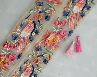 Pink Grey Parrot Floral Trim,Embroidered Macaw Floral Net Border,Pink Bird Lace,Indian Fabric Trim,Floral Saree Border,Price/mtr