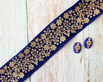 Blue Gold Floral Velvet Trim,Indian Floral Embroidered Border,Royal Blue Gold Floral Lace,Velvet Saree Border,Price/mtr